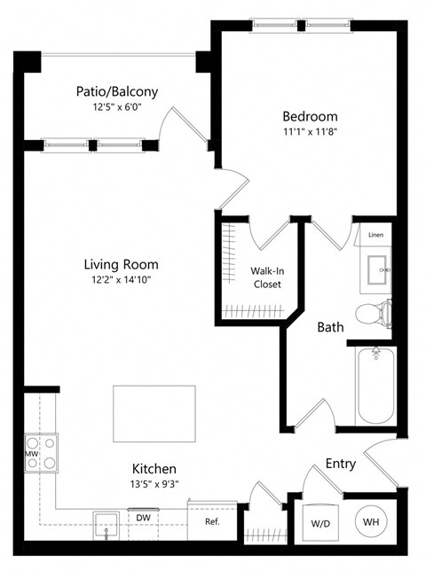 Floor plan for 1 bed, 1 bath, 782 sqft